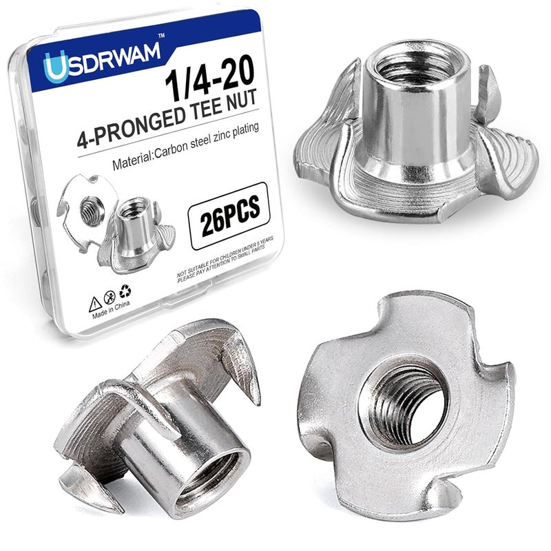 Usdrwam 26 Pack 1/4"-20 T Nuts for Wood, Zinc-Plated Carbon Steel 4-Prong Tee Nuts for Furniture, Cabinets, and Rock Climbing Holds - Image 1